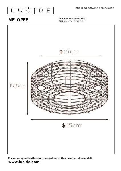 Lucide MELOPEE - Deckenleuchte - Ø 45 cm - 1xE27 - Türkis - TECHNISCH